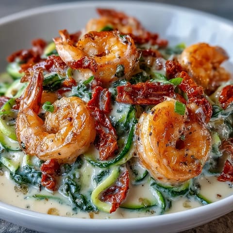 Tender Keto Creamy Garlic Tuscan Shrimp with Zucchini Noodles twirled on a fork, parsley garnish and melted Parmesan visible.
