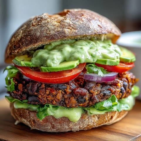 Avocado lime sauce drizzled over a hearty vegan sweet potato black bean burger patty.