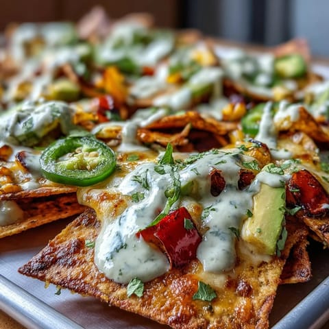 Sheet pan loaded with crispy tortilla chips, roasted peppers, zucchini, and corn, topped with tangy salsa verde and creamy cashew queso for a vibrant vegan nacho feast.