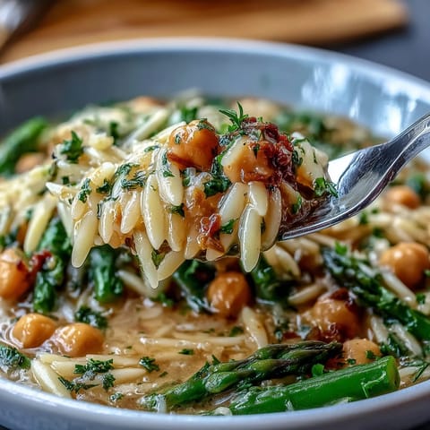 Creamy orzo pasta simmered with chickpeas, asparagus, zucchini, and spinach in zesty lemon herb broth.  