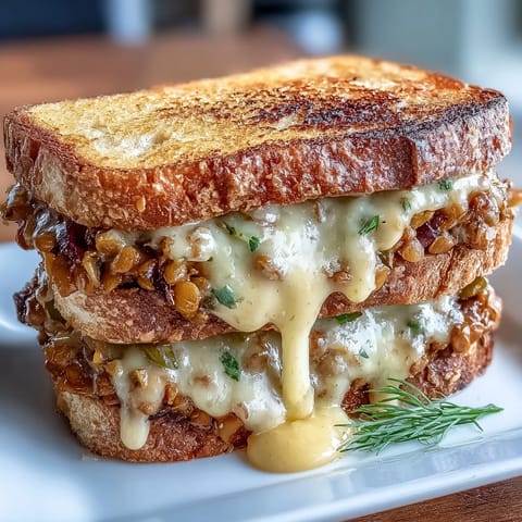 Savory lentil sloppy joe mix topped with creamy vegan cheese sauce on golden sourdough toast.  