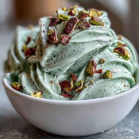 Creamy homemade pistachio gelato with roasted nuts and silky smooth texture in a bowl.  