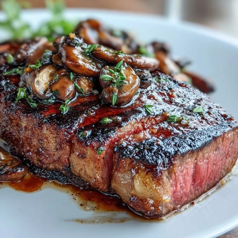 A juicy ribeye steak seared to perfection and topped with a rich wild mushroom and garlic butter crust for an indulgent meal.
