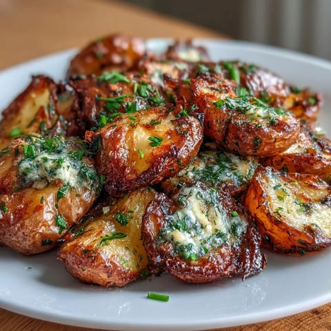 Crispy smashed potatoes infused with roasted garlic and fresh herbs, baked to golden perfection.  