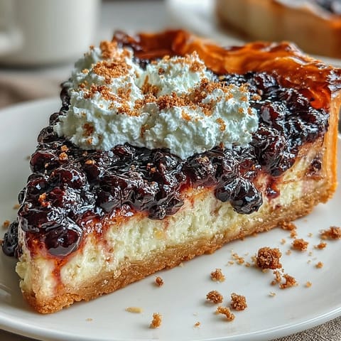 A vibrant black currant tart with tangy curd filling and fluffy whipped cream topping on a crisp pastry base.