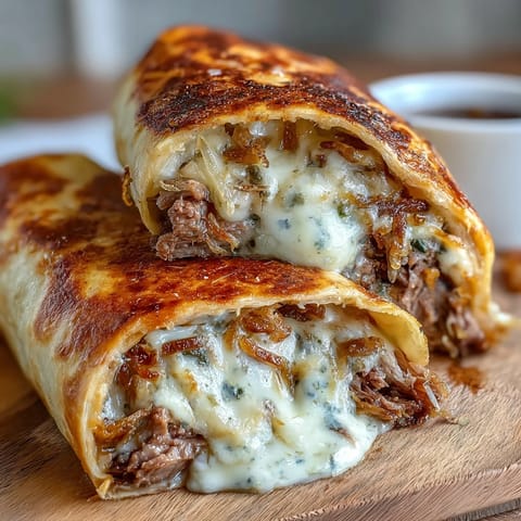 Golden-baked French Dip Tortilla Roll Ups with melted provolone, tender roast beef, and crispy fried onions, ready for dipping in warm au jus.