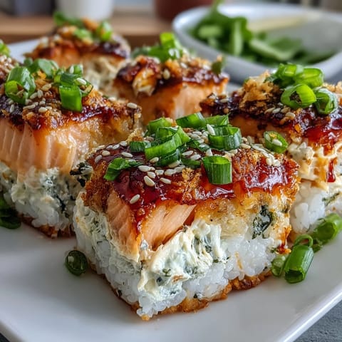 A vibrant salmon sushi bake casserole with creamy seafood filling, furikake, and green onions served warm.