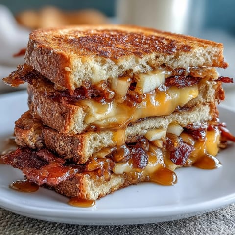 Golden-brown grilled cheese with melted sharp cheddar, crisp apple slices, and smoky beef bacon, drizzled with hot honey for a sweet and spicy kick.
