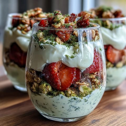 Vibrant pistachio and strawberry breakfast parfait with layers of creamy yogurt, fresh berries, and crunchy granola in clear glasses.