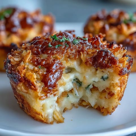 Funeral Potatoes Muffin Cups with golden cornflake topping, creamy cheese filling, and crispy edges in a muffin tin.