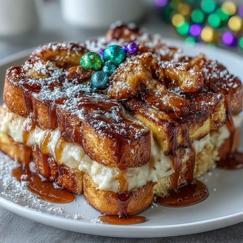 King Cake Overnight French Toast Bake with colorful Mardi Gras sprinkles and creamy cinnamon filling, baked golden and drizzled with vanilla icing.
