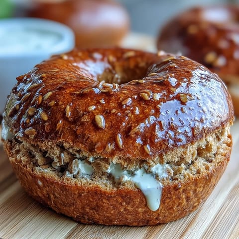 Honey Whole Wheat Protein Bagels with Fluffy Yogurt Dip on a rustic wooden board, golden-brown and ready to enjoy for breakfast or snack time.