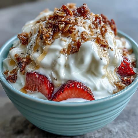 Fluffy Yogurt Breakfast Bowl with Strawberries and Granola Crunch topped with fresh mint and chia seeds.  