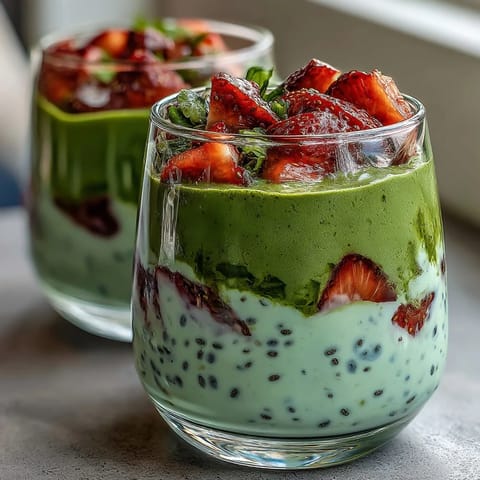 Vibrant strawberry matcha overnight chia oats layered in a jar, topped with fresh berries and coconut flakes for a refreshing breakfast.