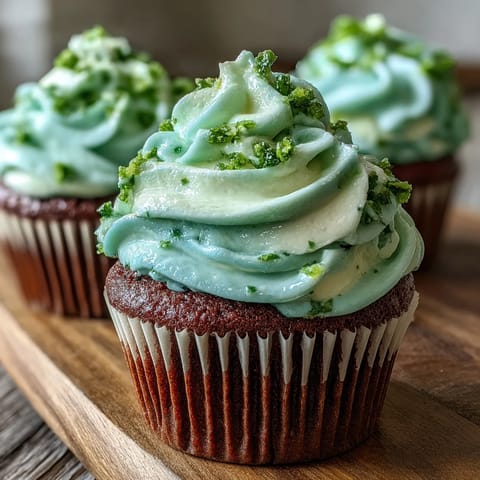 Moist green velvet cupcakes with rich cocoa flavor and creamy vanilla frosting, decorated with festive green sprinkles for St. Patricks Day celebrations.