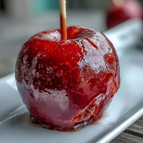 Glossy red candy apples with crisp Granny Smith apples dipped in a vibrant hard candy shell, perfect for fall festivals.