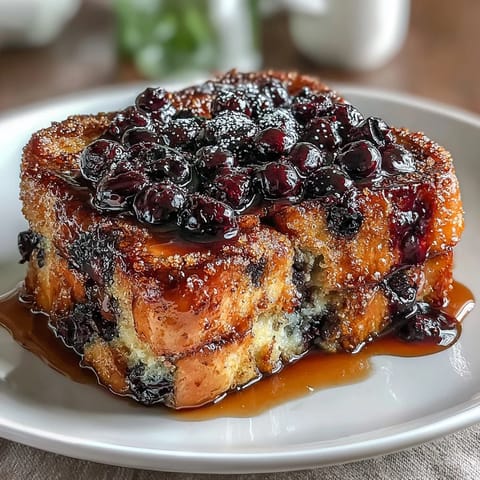 Golden Lemon Blueberry Sourdough French Toast Bake with fresh berries and lemon zest, baked to perfection for a vibrant, comforting breakfast.
