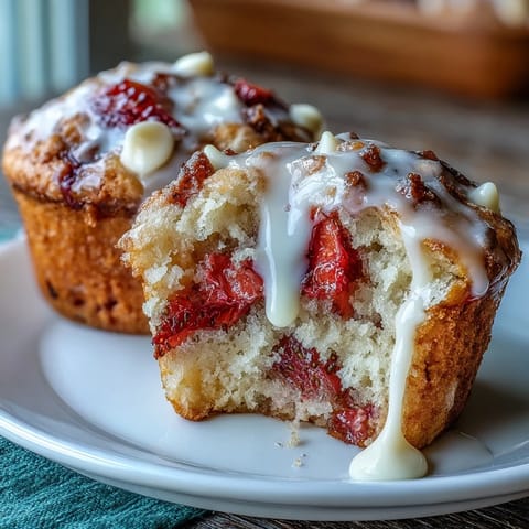 Fresh strawberry muffins with white chocolate chips, golden and fluffy, ready for a delicious breakfast treat.