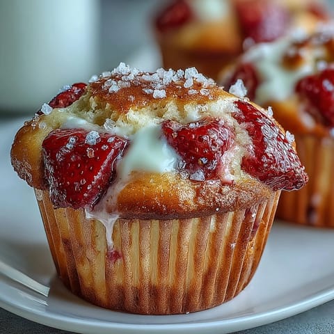 A batch of golden strawberry yogurt muffins, bursting with juicy berries and a tender crumb, perfect for a cozy breakfast.