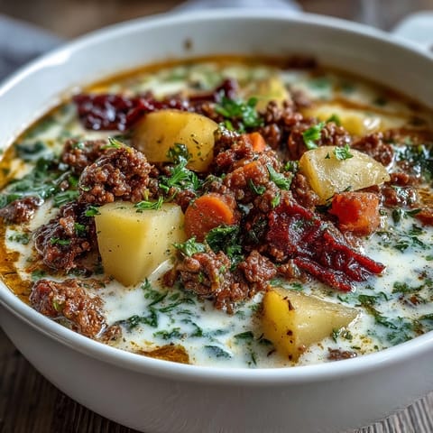Shepherds Pie Soup with Ground Beef and Veggies in a bowl, garnished with fresh parsley and served with crusty bread on the side.