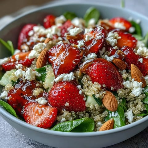 Fresh strawberry feta quinoa salad with balsamic dressing, vibrant and perfect for spring meals or light lunches.