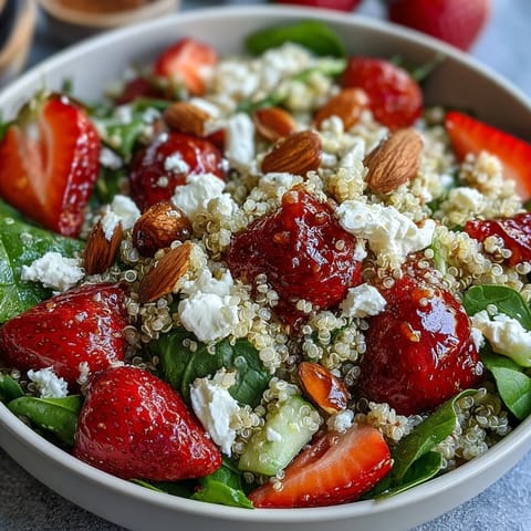 Colorful quinoa salad with juicy strawberries, creamy feta, and baby spinach, drizzled with tangy balsamic vinaigrette.
