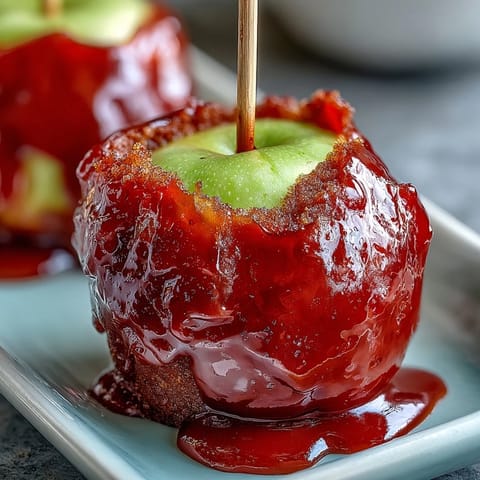 Mini Candy Apple Bites on toothpick skewers gleam with glossy red coating, perfect for festive snacking or party platters.