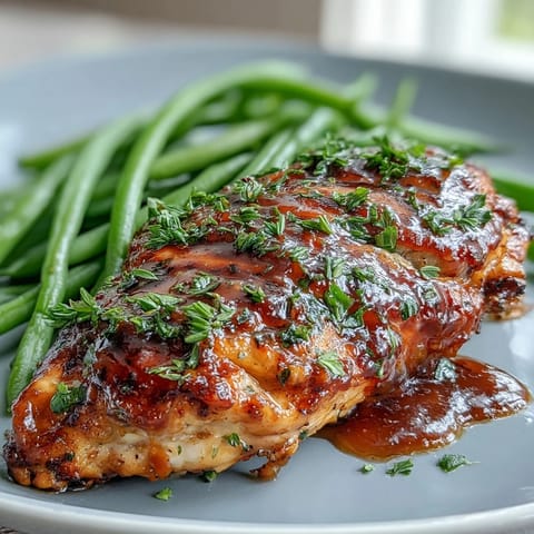Honey mustard chicken with green beans served on a rustic plate, golden glaze glistening beside vibrant green beans.  