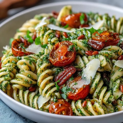 Vibrant summer pasta salad with pesto and cherry tomatoes, tossed with fresh basil and parmesan, perfect for warm-weather meals.