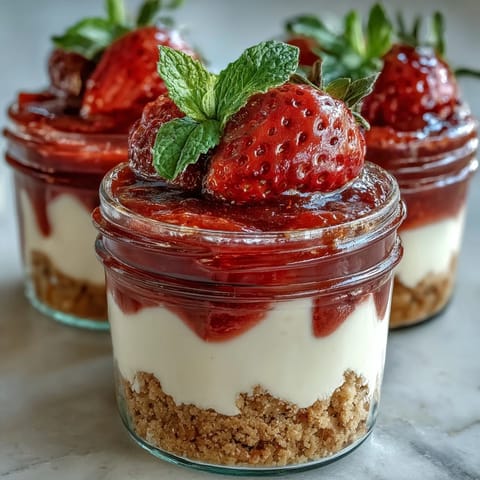 Creamy no-bake strawberry cheesecake jars with layers of smooth filling and fresh berry compote in glass jars.  