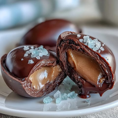 Homemade dark chocolate peanut butter eggs with a creamy filling and flaky sea salt topping — perfect for Easter dessert.  