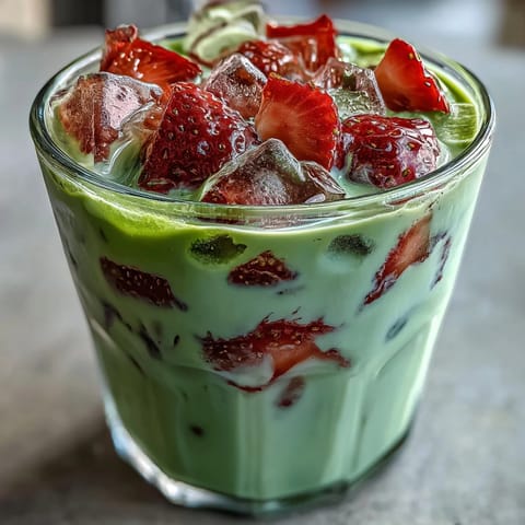 Strawberry Matcha Latte with Oat Milk: Refreshing summer drink with bright red strawberry base, green matcha swirl, and frothy oat milk topping.