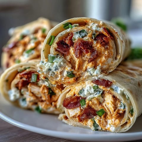 Buffalo Chicken Cream Cheese Pinwheel Wraps with tender shredded chicken and zesty sauce, rolled in soft tortillas for a creamy, spicy appetizer.