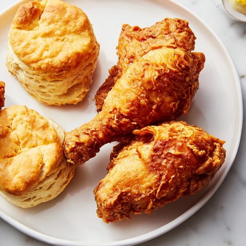 Golden-brown Southern fried chicken with fluffy buttermilk biscuits, a comforting feast to savor.