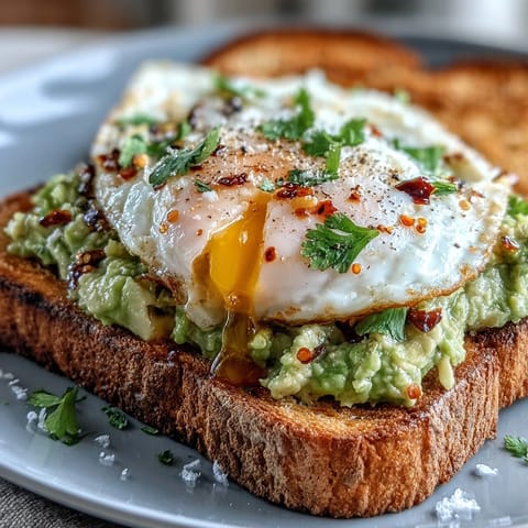 A perfectly poached egg sits atop smashed avocado on crunchy toast, finished with a bold drizzle of chili crisp for extra heat and texture.