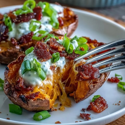 Crispy Loaded Sweet Potato Skins with melted cheddar, smoky bacon, and cool sour cream, perfect for game day snacking.  