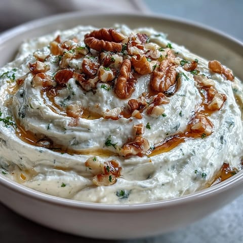 Creamy whipped feta dip with honey drizzle, walnuts, and fresh herbs, served with warm pita bread and vegetable sticks.