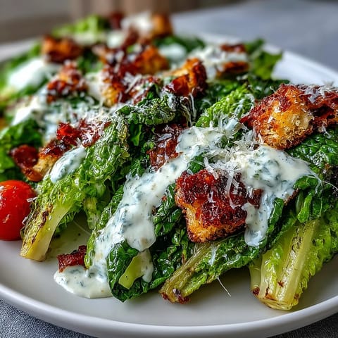 Vibrant tahini Caesar salad with crisp romaine, cherry tomatoes, and crunchy croutons in creamy lemon-tahini dressing.