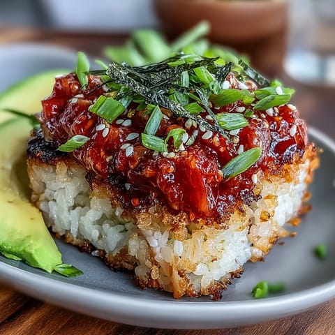 Spicy tuna crispy rice with creamy topping and golden fried squares on a serving platter.