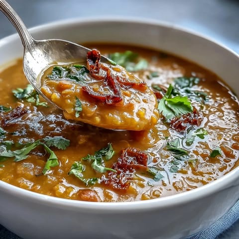 A steaming bowl of turmeric lemon lentil soup, rich with golden spices and bright citrus notes, served with fresh herbs.