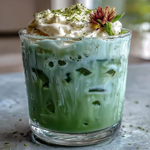 Iced Matcha Latte topped with sweet, frothy vanilla cold foam for brunch.