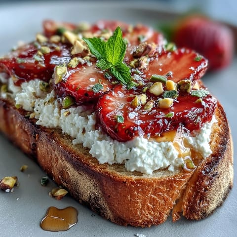Golden Strawberry Honey Ricotta Toast topped with crunchy pistachios.