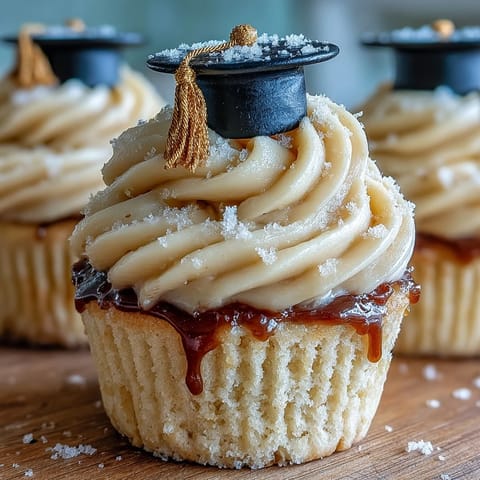 Festive graduation cupcakes crowned with festive black and gold fondant caps.