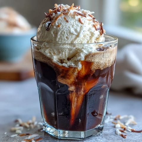 Creamy coconut cold brew float with melting vanilla bean ice cream.