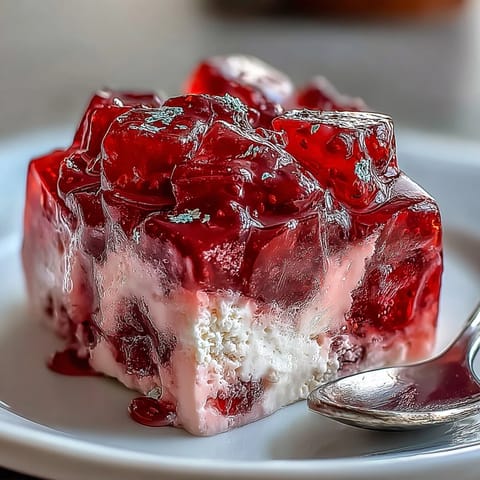 Vibrant strawberry rose gelatin mosaic cake, shimmering with jewel-toned cubes.