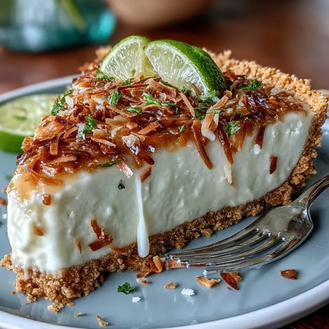 Close-up of a vibrant Coconut Lime Tart with graham cracker crust.