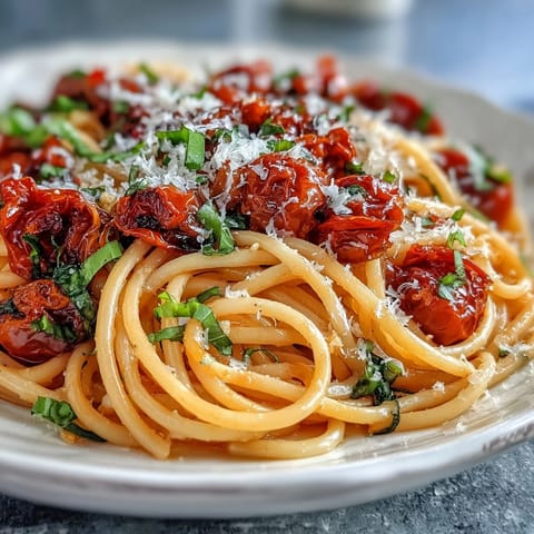 Juicy slow-roasted cherry tomato confit pasta dish with tender garlic, ideal for dinner.