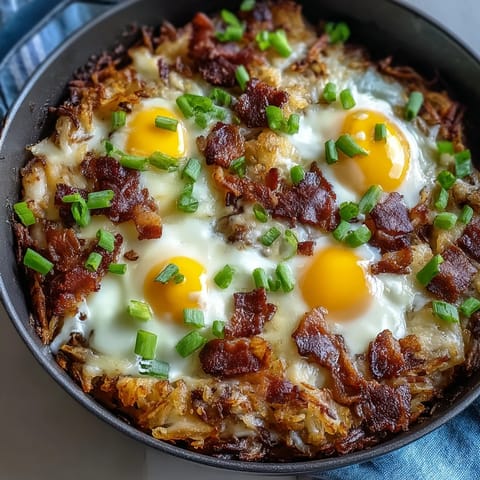 Loaded Hash Brown Skillet with crispy bacon, melty cheese, and runny eggs.