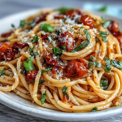 Sweet cherry tomato confit pasta bathed in garlicky oil, perfect summer comfort food.