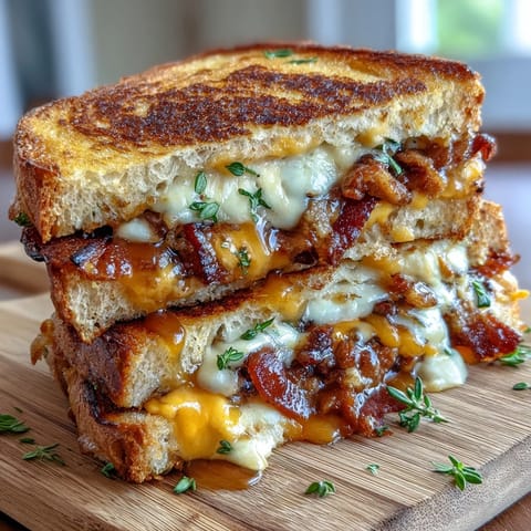 Golden crispy bacon grilled cheese with hot honey, oozing melted cheese.
